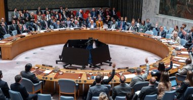 Members of the United Nations Security Council (UNSC) vote in favor of a draft resolution presented by Bahrain on behalf of the member states of the Gulf Cooperation Council (GCC) regarding the current crisis in the Middle East at the U.N. headquarters in New York, March 11, 2026. (EPA Photo) 
