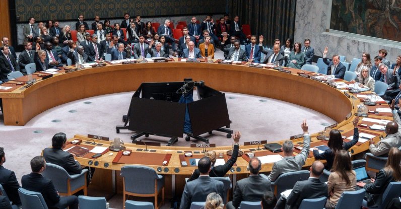 Members of the United Nations Security Council (UNSC) vote in favor of a draft resolution presented by Bahrain on behalf of the member states of the Gulf Cooperation Council (GCC) regarding the current crisis in the Middle East at the U.N. headquarters in New York, March 11, 2026. (EPA Photo) 