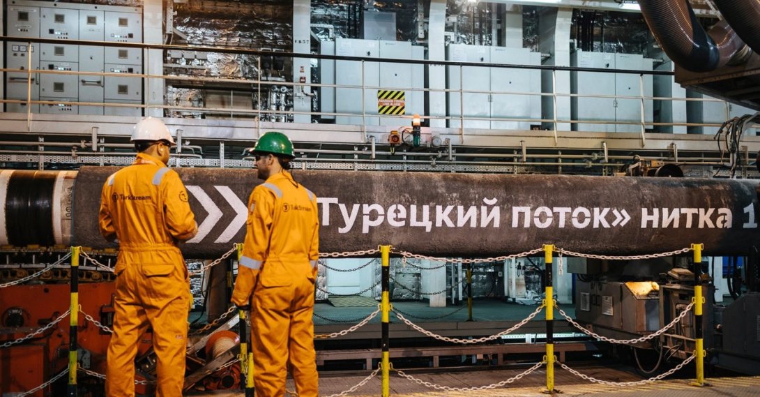 This file photo shows workers in front of pipes to be laid on the Black Sea seabed by the vessel Pioneering Spirit as part of the TurkStream gas pipeline project, Feb. 5, 2018. (AA File Photo) 