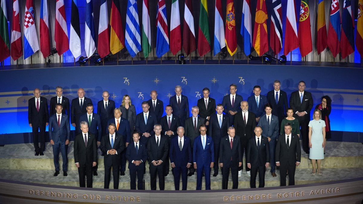 NATO leaders pose for a family photo on the 75th anniversary of NATO at the Andrew W. Mellon Auditorium, Washington, U.S., July 9, 2024. (AP Photo)