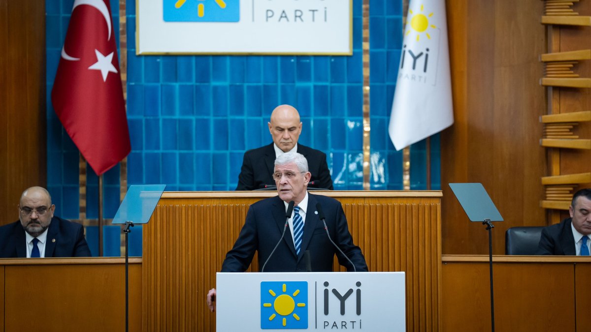 Good Party leader Müsavat Dervişoğlu delivers a speech during his party’s parliamentary group meeting at the Turkish Grand National Assembly, Ankara, Türkiye, March 11, 2026. (AA Photo)
