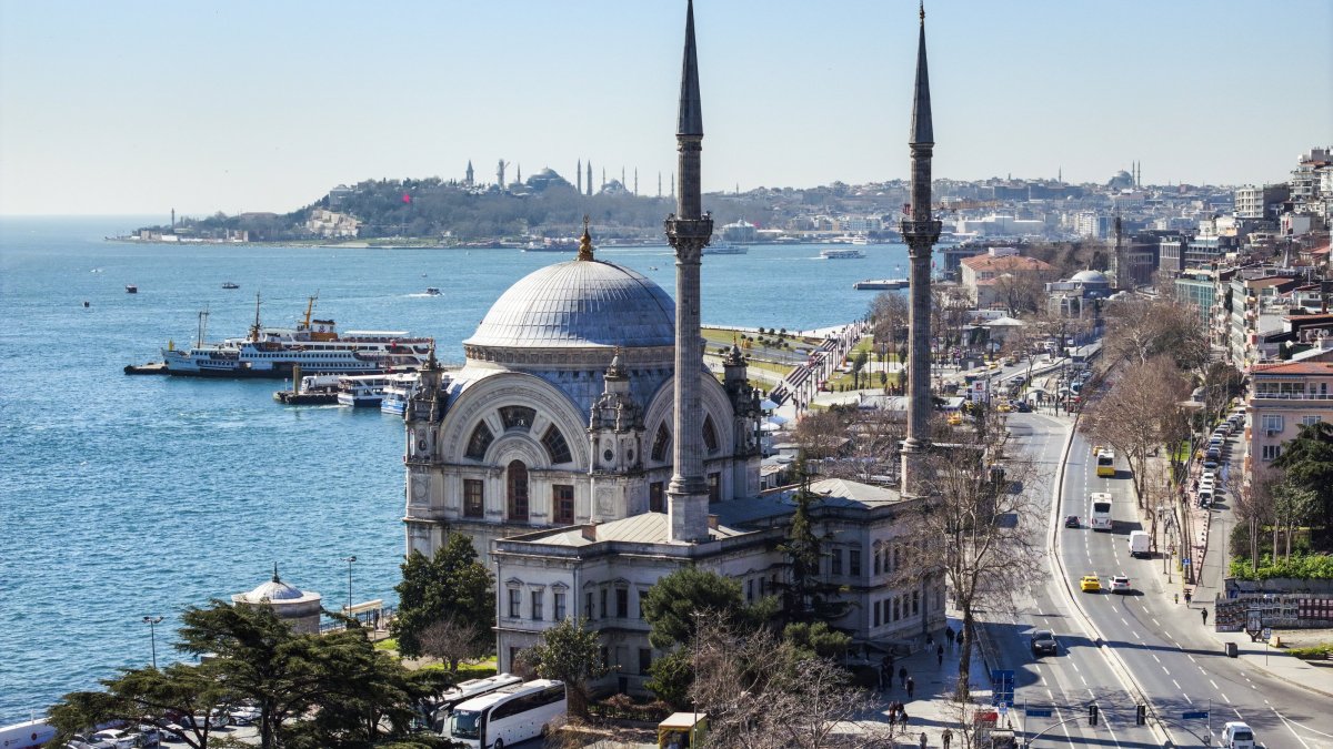 Dolmabahçe Mosque stands along the Bosporus shore, Istanbul, Türkiye, March 12, 2026. (AA Photo)