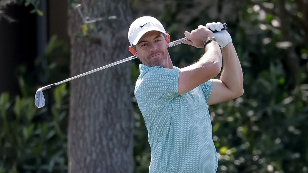 Rory McIlroy of Northern Ireland reacts while taking some swings in the practice area during the final practice round for The Players Championship golf tournament at TPC Sawgrass in Ponte Vedra Beach, U.S., March 11, 2026. (EPA Photo)