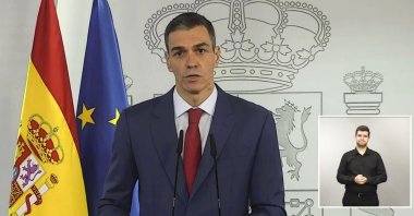 Spanish Prime Minister Pedro Sanchez speaking during an institutional statement at the Moncloa Palace, Madrid, Spain, March 4, 2026. (EPA Photo)