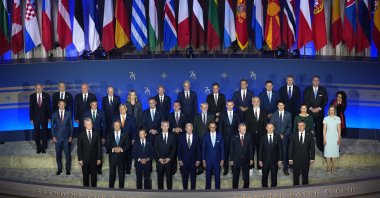 NATO leaders pose for a family photo on the 75th anniversary of NATO at the Andrew W. Mellon Auditorium, Washington, U.S., July 9, 2024. (AP Photo)