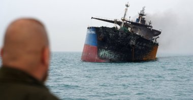 A foreign tanker carrying Iraqi fuel oil was damaged after catching fire in Iraq's territorial waters near Basra, Iraq, March 12, 2026. (Reuters Photo)