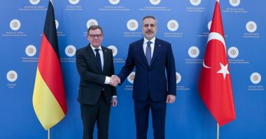 Foreign Minister Hakan Fidan shakes hands with German Foreign Minister Johann Wadephul, Ankara, Türkiye, March 12, 2026. (AA Photo)