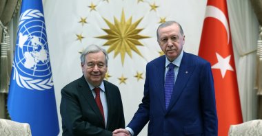President Recep Tayyip Erdoğan and U.N. Secretary-General Antonio Guterres shake hands as they meet at the Presidential Complex in Ankara, March 12, 2026. (AA Photo)