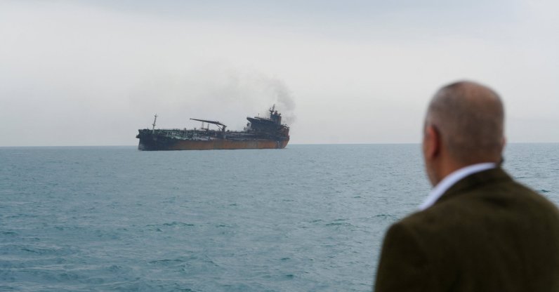 A foreign tanker carrying Iraqi fuel oil damaged after catching fire in Iraq's territorial waters, Basra, Iraq, March 12, 2026. (Reuters Photo)