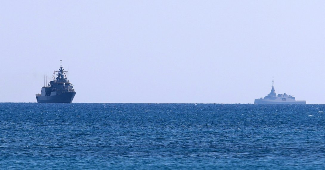 The Greek Navy's frigates Psara and Kimon are deployed off the port of Limassol, Greek Cypriot administration, March 4, 2026. (EPA Photo)