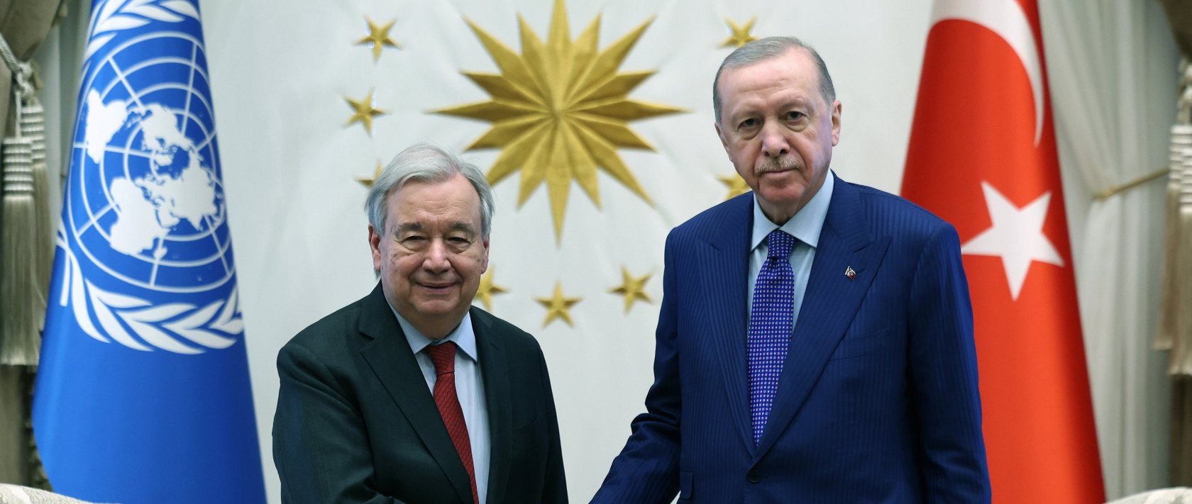 President Recep Tayyip Erdoğan and U.N. Secretary-General Antonio Guterres shake hands as they meet at the Presidential Complex in Ankara, March 12, 2026. (AA Photo)