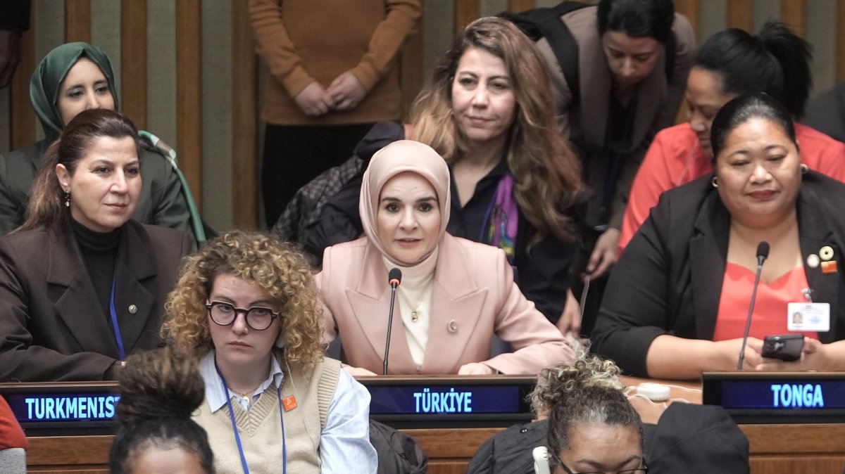 Türkiye’s Family and Social Services Minister Mahinur Özdemir Göktaş delivers a speech during a high-level meeting on the sidelines of the 70th session of the U.N. Commission on the Status of Women, New York, U.S., March 12, 2026. (AA Photo)