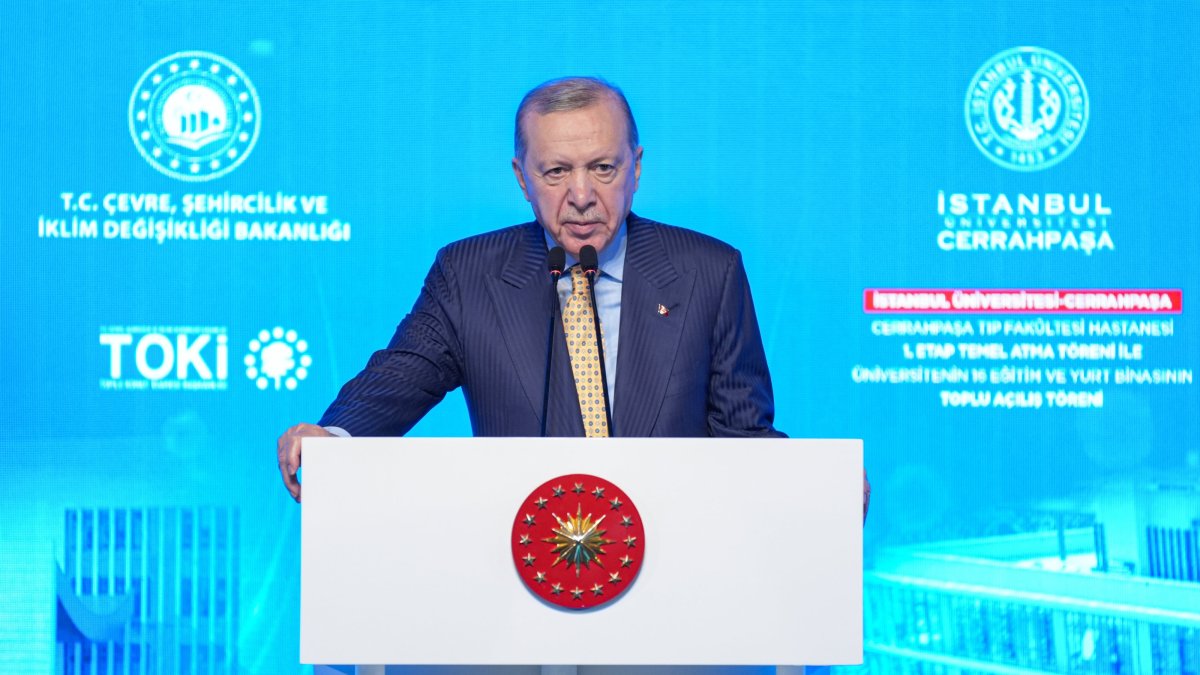 President Recep Tayyip Erdoğan delivers a speech during the groundbreaking ceremony for the first phase of the Cerrahpaşa Faculty of Medicine Hospital, Istanbul, Türkiye, March 13, 2026. (AA Photo)