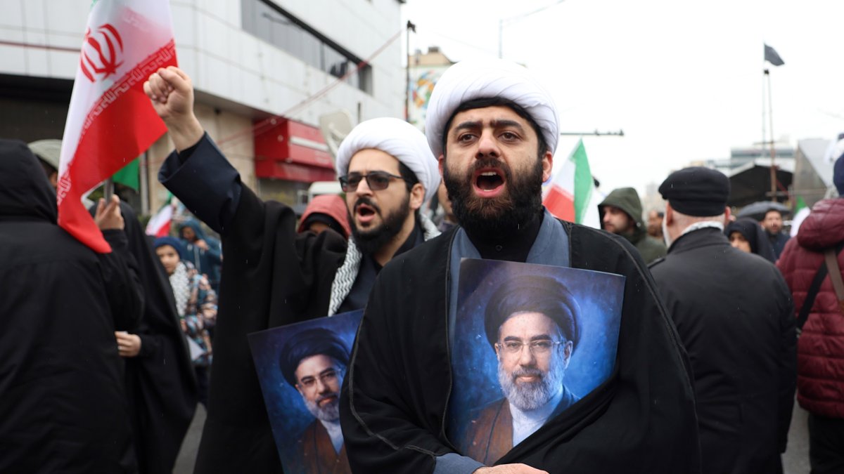Iranian clerics shout slogans and hold posters of Iranian Supreme Leader Mojtaba Khamenei during a rally to mark International Quds Day, Tehran, Iran, March 13, 2026. (EPA Photo)