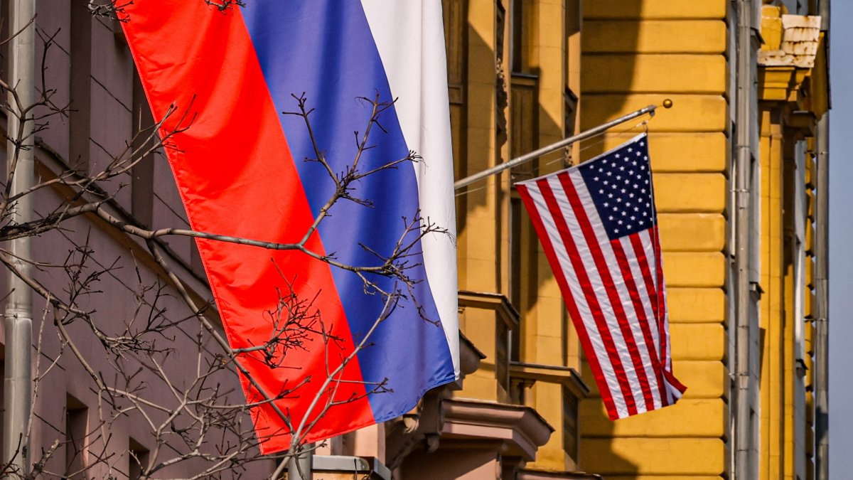 Russian and U.S. flags hang on the main building of the U.S. Embassy in Moscow, Russia, March 12, 2026. (EPA Photo)