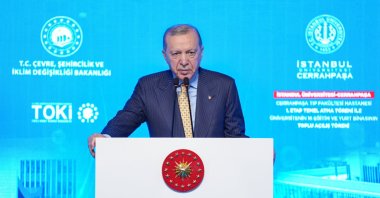 President Recep Tayyip Erdoğan delivers a speech during the groundbreaking ceremony for the first phase of the Cerrahpaşa Faculty of Medicine Hospital, Istanbul, Türkiye, March 13, 2026. (AA Photo)