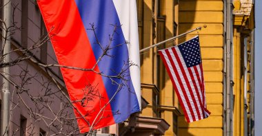 Russian and U.S. flags hang on the main building of the U.S. Embassy in Moscow, Russia, March 12, 2026. (EPA Photo)