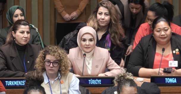 Türkiye’s Family and Social Services Minister Mahinur Özdemir Göktaş delivers a speech during a high-level meeting on the sidelines of the 70th session of the U.N. Commission on the Status of Women, New York, U.S., March 12, 2026. (AA Photo)