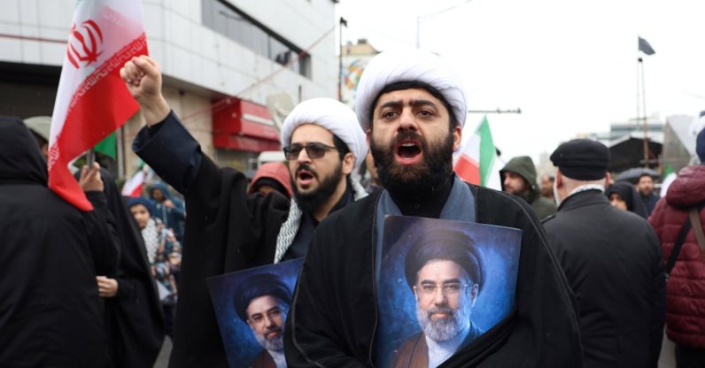 Iranian clerics shout slogans and hold posters of Iranian Supreme Leader Mojtaba Khamenei during a rally to mark International Quds Day, Tehran, Iran, March 13, 2026. (EPA Photo)