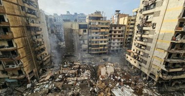 A photograph shows the site of an overnight Israeli airstrike that targeted the Haret Hreik neighborhood in southern suburbs of Beirut, Lebanon, March 14, 2026. (AFP Photo)