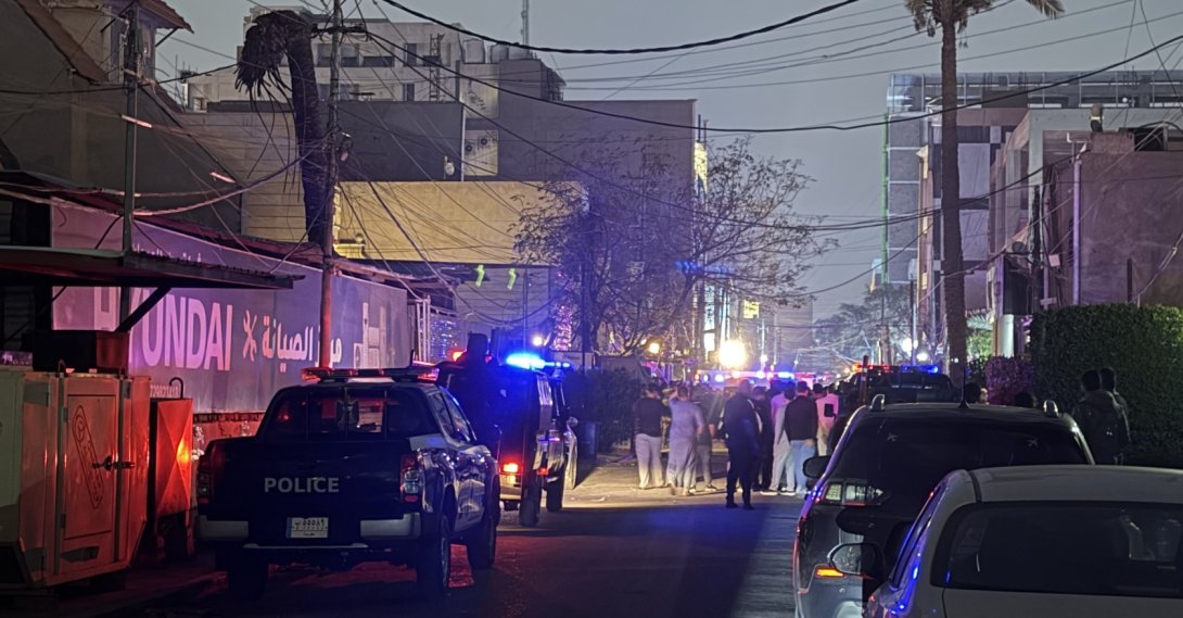 Iraqi police are deployed after a drone of unknown origin crashes into a house in the Arasat neighborhood of Baghdad, Iraq, March 14, 2026. (AA Photo)