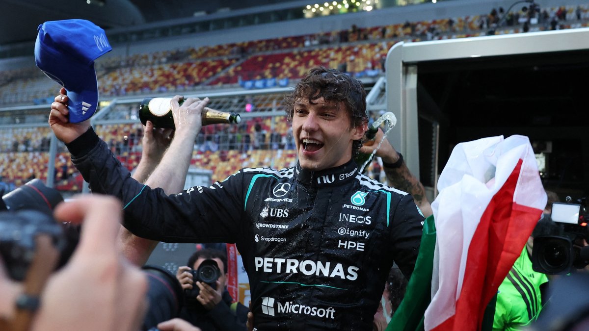 Mercedes' Andrea Kimi Antonelli celebrates after winning the Chinese GP, Shanghai, China, March 15, 2026. (Reuters Photo)