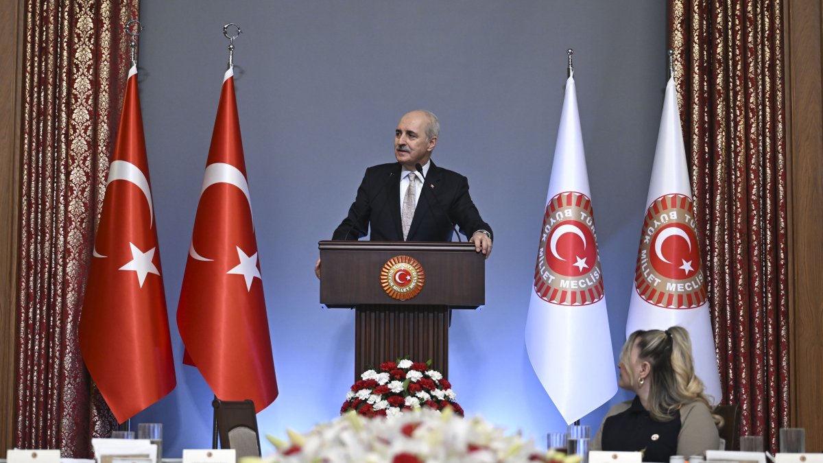 Parliament Speaker Numan Kurtulmuş speaks at an event at Parliament, Ankara, Türkiye, March 12, 2026. (AA Photo)