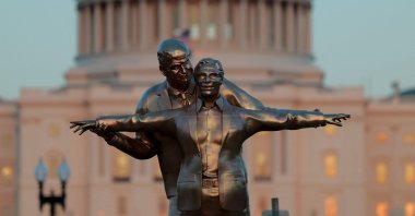 A "Titanic"-themed satirical statue of U.S. President Donald Trump and late convicted sex offender Jeffrey Epstein is displayed on the National Mall, Washington, U.S., March 10, 2026. (AFP Photo)