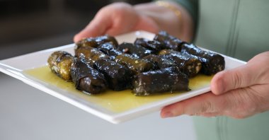 A cook displays lor dolması, a traditional dish made with evelik leaves stuffed with curd cheese and bulgur, Kayseri, central Türkiye, March 14, 2026. (AA Photo)