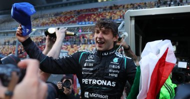 Mercedes' Andrea Kimi Antonelli celebrates after winning the Chinese GP, Shanghai, China, March 15, 2026. (Reuters Photo)