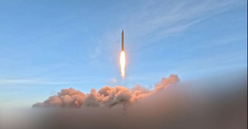 This video grab taken from handout footage released by the Iranian Revolutionary Guard Corps (IRGC) on March 12, 2026, shows what it says was the "launch of wave #41 of Iranian missiles". (AFP Photo)