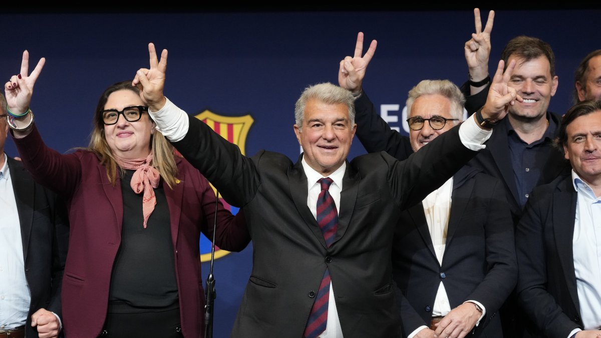 Re-elected president of FC Barcelona, Joan Laporta (C), celebrates his victory in the elections held by the Blaugrana club in Barcelona, Spain, March 15, 2026. (EPA Photo)
