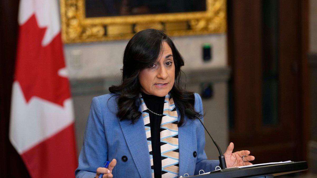 Canadian Foreign Affairs Minister Anita Anand speaks at a news conference in the Foyer of the House of Commons, Ottawa, Canada, Feb. 23, 2026. (AP Photo)