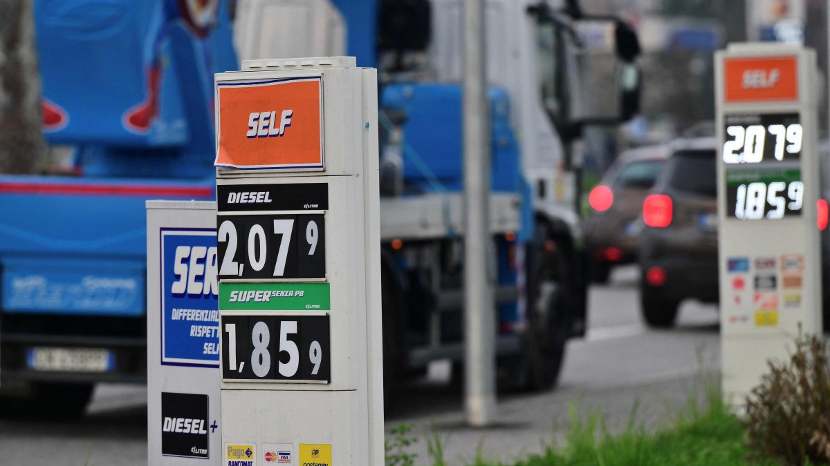 The price per liter of unleaded petrol and diesel fuels are pictured outside a petrol station, Monza, Italy, March 11, 2026. (AFP Photo)