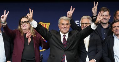 Re-elected president of FC Barcelona, Joan Laporta (C), celebrates his victory in the elections held by the Blaugrana club in Barcelona, Spain, March 15, 2026. (EPA Photo)