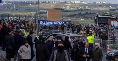 Security personnel stand guard at the entrance of the Marmara-Silivri Prison and Courthouse Complex where Ekrem Imamoğlu appears at his first hearing in a corruption trial, Istanbul, Türkiye, March 9, 2026. (Reuters Photo)