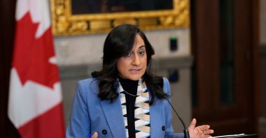 Canadian Foreign Affairs Minister Anita Anand speaks at a news conference in the Foyer of the House of Commons, Ottawa, Canada, Feb. 23, 2026. (AP Photo)