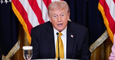 U.S. President Donald Trump speaks during a meeting with trustees of the John F. Kennedy Center for Performing Arts in the East Room of the White House in Washington, D.C., March 16, 2026. (EPA Photo)