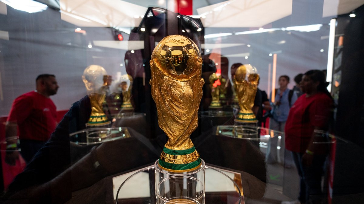 The FIFA World Cup trophy is displayed at BBVA Stadium, Monterrey, Mexico, March 14, 2026. (EPA Photo)