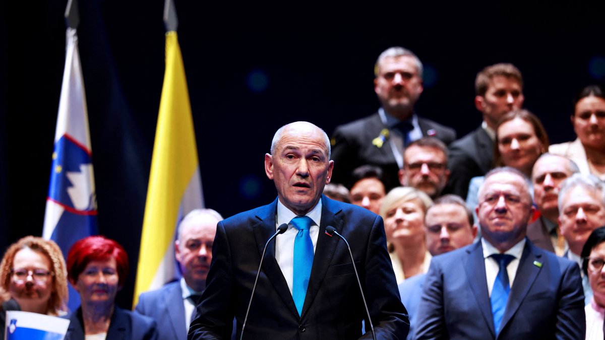 President of the Slovenian Democratic Party (SDS), Janez Jansa, presents the party's candidates and announces the election program at a party congress ahead of national elections, in Ljubljana, Slovenia, Feb. 21, 2026. (Reuters File Photo)