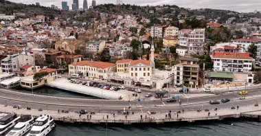 Aerial view of Tevfikiye Mosque with its rectangular plan overlooking the Bosporus, Istanbul, Türkiye, March 12, 2026. (AA Photo)