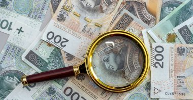 A Polish zloty banknote and a magnifying glass are seen in this illustration. (Shutterstock Photo)