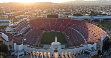Aerial view of the Los Angeles Memorial Coliseum and the under-construction Lucas Museum of Narrative Art in Exposition Park, Los Angeles, U.S., March 5, 2026. (AFP Photo)
