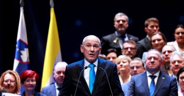 President of the Slovenian Democratic Party (SDS), Janez Jansa, presents the party's candidates and announces the election program at a party congress ahead of national elections, in Ljubljana, Slovenia, Feb. 21, 2026. (Reuters File Photo)