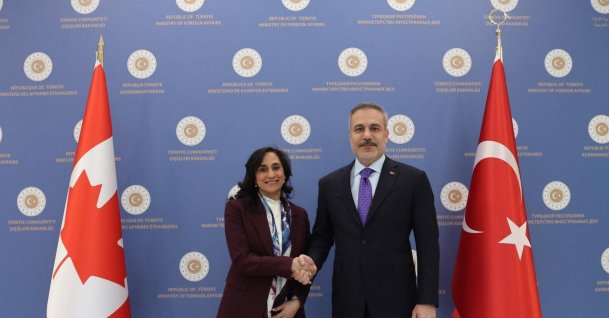 Foreign Minister Hakan Fidan and Canadian Counterpart Anita Anand shake hands as they meet in Ankara, March 17, 2026. (AA Photo)