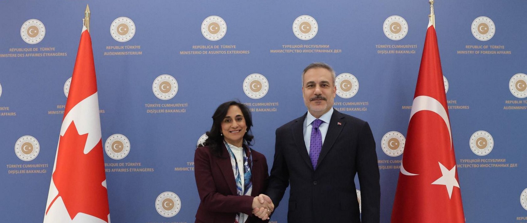 Foreign Minister Hakan Fidan and Canadian Counterpart Anita Anand shake hands as they meet in Ankara, March 17, 2026. (AA Photo)