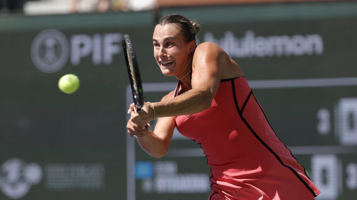 Belarus' Aryna Sabalenka in action in the second set against Kazakhstan's Elena Rybakina during the women’s singles finals match on day 12 of the BNP Paribas Open tennis tournament, Indian Wells, U.S., March 15, 2026. (EPA Photo)