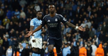 Real Madrid's Vinicius Junior celebrates after scoring the team's second goal during the UEFA Champions League round of 16 second-leg match against Manchester City at Etihad Stadium in Manchester, England, March 17, 2026. (Reuters Photo)