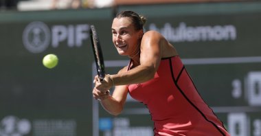 Belarus' Aryna Sabalenka in action in the second set against Kazakhstan's Elena Rybakina during the women’s singles finals match on day 12 of the BNP Paribas Open tennis tournament, Indian Wells, U.S., March 15, 2026. (EPA Photo)