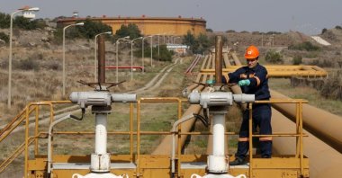A worker checks valve gears of pipes linked to oil tanks at the Mediterranean port of Ceyhan, southern Türkiye, Feb. 19, 2014. (Reuters Photo)